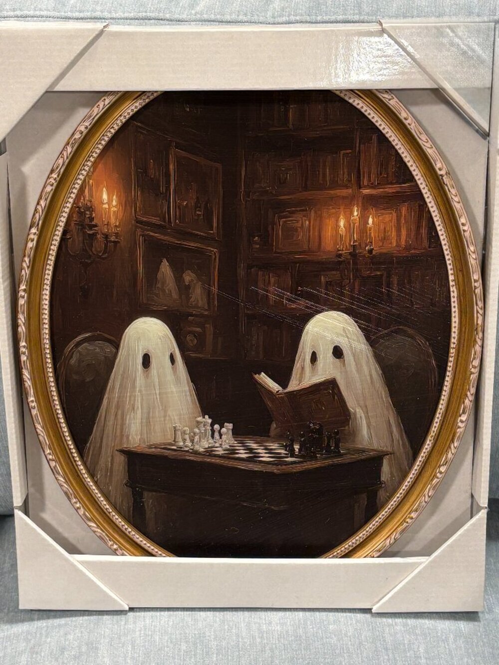 Halloween Vintage Oval Gold Framed Ghost Reading Book Playing Chess Wall Art 17"